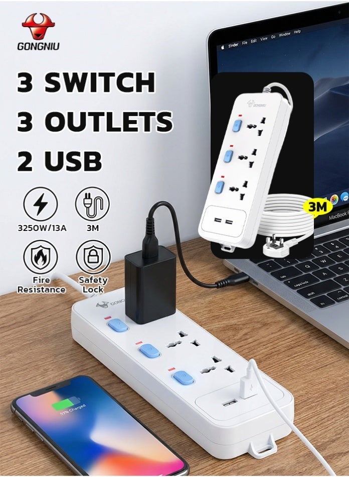 غونغنيو سلك تمديد كهربائي بثلاثة منافذ بطول 3 أمتار، ومنفذي USB، وشريط طاقة متعدد المقابس عالمي مزود بمفاتيح فردية وفتحات تعليق للمنزل والمكتب - Image 1